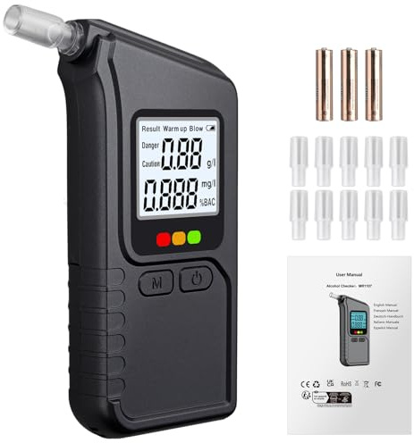 Proster Etilometro Portatile con Display LCD Digitale Sensori Doppi per Misurazione Alta Precisione di Alcol nel Respiro Test Rapido unità%BAC,g/l,MG/l Include 10 Bocchini Riutilizzabili e Batterie