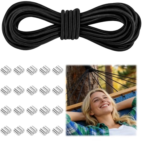 AOOSU Gummiseil 10mm Expanderseil 10m Gummikordel Elastische Gummischnur für Anhängerplane, Schwarz Planenseil mit 20 Würgeklemmen, Wetterfestes Spannseil für Anhänger, Sonnensegel, Planen UVM
