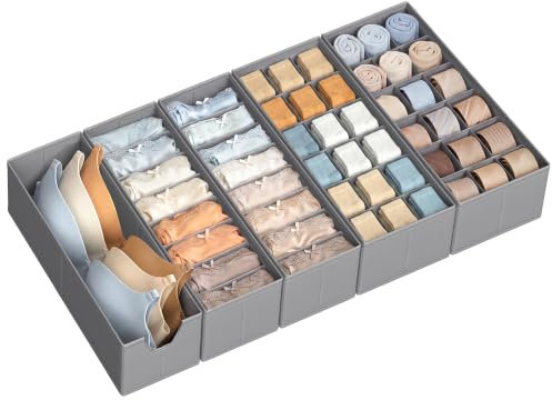 SONGMICS Lot de 5 Organiseurs de Tiroirs à Sous-vêtements, pour Commodes IKEA HEMNES, avec Séparateurs, Pliables, 83 x 41 x 10 cm, pour Chaussettes, Cravates, Gris Tourterelle RUS020GD01 | Armoire à chaussettes, 41 x 19 x 10 cm et 41 x 15 x 10 cm, gris colombe RUS020GD01