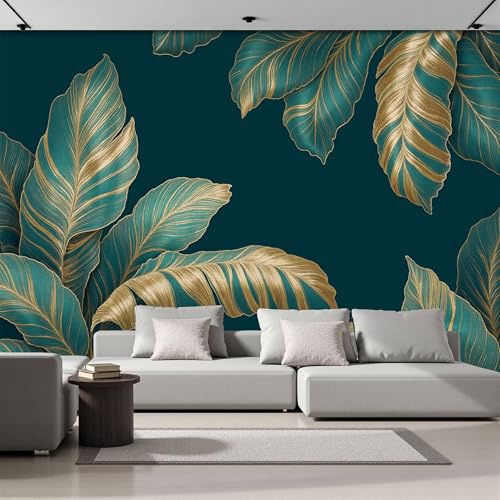 Fotomurali Carta Da Parati Foglie Di Banano Verde Dorato, 350x256cm - Carta Da Parati Stile Tropicale Murali Poster per Soggiorno Camera Da Letto Decorazioni Parete Seta, Verde Scuro
