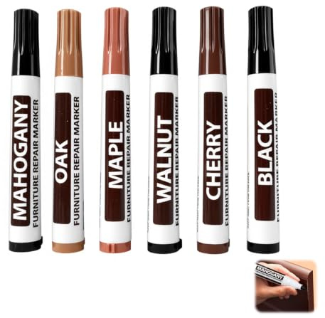 6 Stylos de Retouche pour Meubles, Kit de Réparation pour Surfaces en Bois Abîmées, Feutres Correcteurs pour Rayures, Stylo Réparateur pour Parquet, Portes, Cadres, Tables et Finitions de Qualité