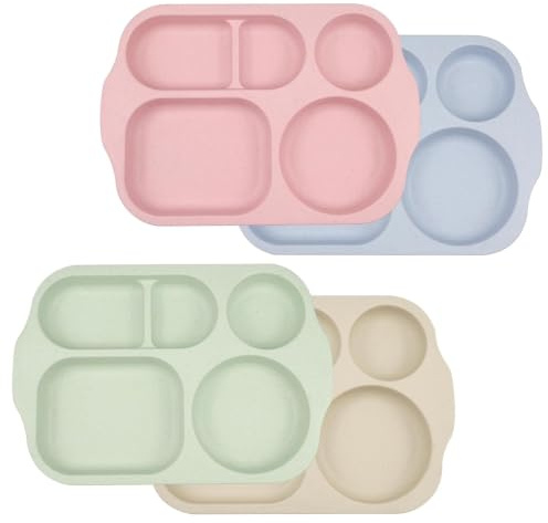 Rainway Lot de 4 assiettes compartimentées en 4 couleurs avec 5 compartiments, matériau de haute qualité, incassables et lisses, assiettes en plastique pour repas, collations et camping, adaptées au m