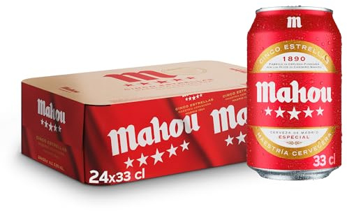 Mahou 5 Estrellas, Cerveza Lager Dorada, Pack 24 Latas x 33cl