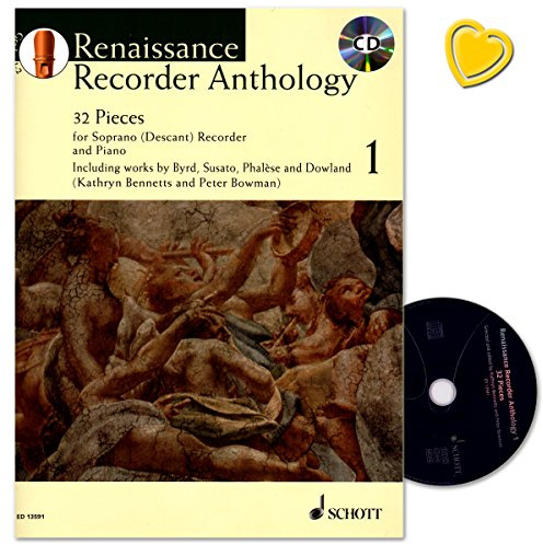 Renaissance Recorder Anthology Band 1-32 Pieces for Soprano (Descant) Recorder and Piano - Notenbuch mit CD und bunter herzförmiger Notenklammer