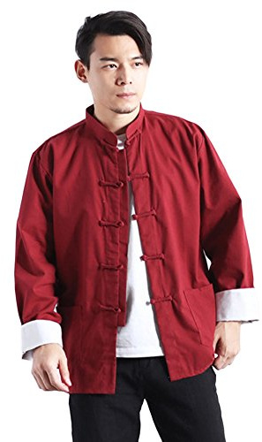 Idopy Men`s Chinese Traditional Linen Cotton Tai Chi Kung Fu Mandarin Collar Frog-Button Shirt Red Asian XXL US L