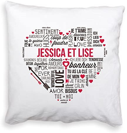 CADEAUX.COM - Coussin Personnalisé Mots d'amour - Coussin 40x40 cm avec Prénoms Personnalisables - Cadeau Mariage - Idée Cadeau Saint Valentin - Cadeau Original - Cadeau Noel - Cadeau Saint-Valentin