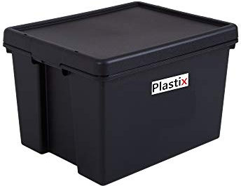 Plastix 5 X Heavy Duty Strong Recycled Plastic Storage Box Boxes With Lids - 24L 24 Litre - Black