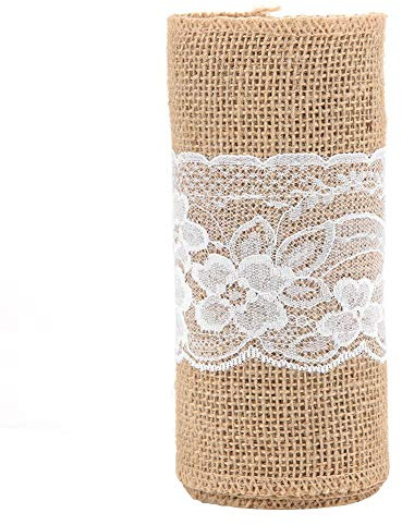 Smandy Tischläufer aus Leinen, 15 x 270 cm, Vintage, Jute rustikal, Rolle mit Spitze für Tischdecke, Nähen, Hochzeit, Stoff, Basteln, Handwerk, Dekoration