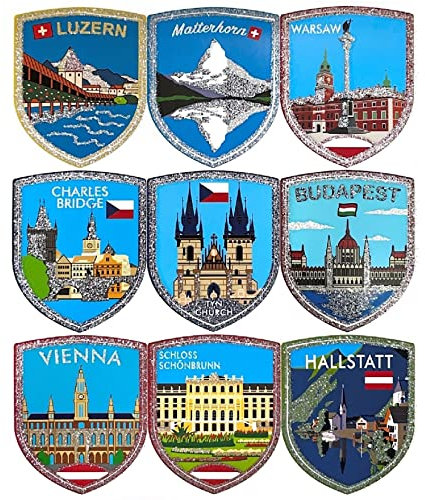 A-ONE europäische Länder glänzende Silber Glitter Trendy Autoaufkleber 9 PCs+EU Flagge Stadtkampf Patch 1 PC, Country Country Label für Urlaubsdekoration, Touristen-Souvenir SS6+Nr. 086