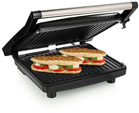 Tristar GR-2858 Parrilla de contacto, superficie de 30 x 26 cm, termostato ajustable en la tapa, bandeja recoge grasa, almacenamiento horizontal y vertical, recubrimiento antiadherente, 2000 W