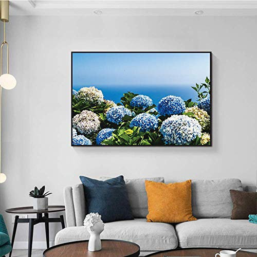 Leinwand Bilder - Kunstdrucke auf Leinwand, Blaue Hortensie Wohnkultur Blumen Poster und Druck Leinwand Malerei & Kalligraphie Wandkunst Dekor Bild Wohnzimmer Dekoration – 20x27inch ohne Rahmen