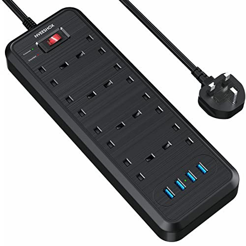 Extension Lead with 4 USB Slots, 8 Way Multi Plug with 2M Extension Cord | 3250W/13A Surge Protection Independent Switch Extension Cable, Wall Mounted Smart UK Power Socket for Home Office Kitchen
