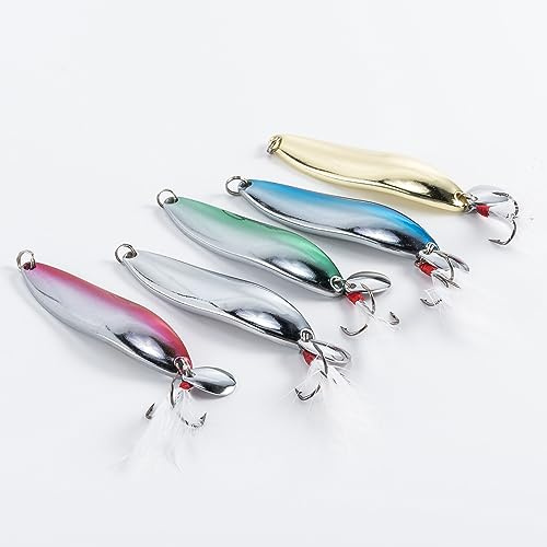 Dr.Fish Set of 5 Metal Spoon Fishing Lures, Sea Fishing Spoons for Bass Trout Spinnerbaits with Treble Hooks Feathers Tails for Saltwater and Freshwater