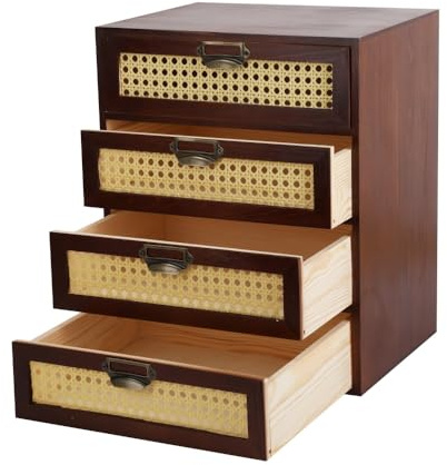 GoooodGift Large Wooden Storage Box with Drawers (Boho Apothecary Cabinet, Rattan Frame, Brown)