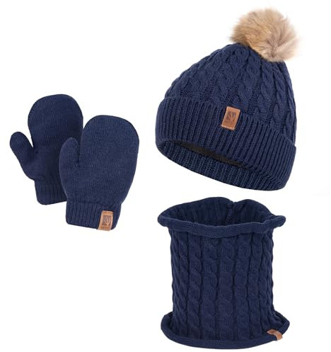 HEYO Kinder Winter Set Mütze gefüttert mit Fleece warm Schlauchschal Loopschal Handschuhe weich Bommelmütze Rundschal Kleinkinder Strickmütze Jungen Mädchen (Dunkelblau)
