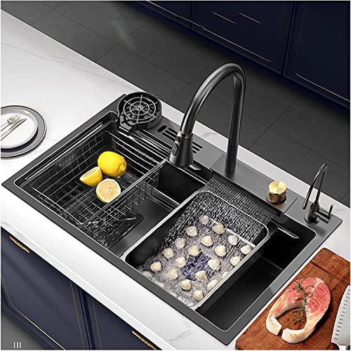 Spülbecken Home Küchenspülen Schwarze Einzelbecken-Unterbau-Küchenspüle 304 Edelstahl Drop in Nano Raindance Wasserfallspüle Bauernhaus-Arbeitsplatzspülen mit ausziehbarem Wasserhahn, Abflus