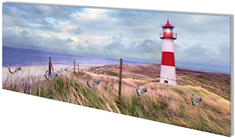 Wallario Wandgarderobe aus Glas in Größe 80 x 30 cm mit Memoboard-Funktion, Motiv: Leuchtturm am Strand von Sylt | 5 Kleiderhaken zum Aufhängen von Jacken