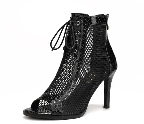 YCALCP Bottines de Danse Latine à Lacets Bout Ouvert Chaussures de Danse Femme Heels Chaussures de Danse à Talon,DS-970-PU-Noir-S,Talon de 9 cm,EU 36