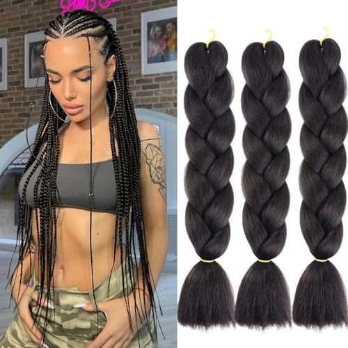 Extension Per Treccine Africane 24 Nero 3Pc Estensioni Dei Capelli Pre-allungato Jumbo Treccia Extension Capelli Fibra Sintetica Treccia Di Scatola Crochet Twist Braiding Hair Extension