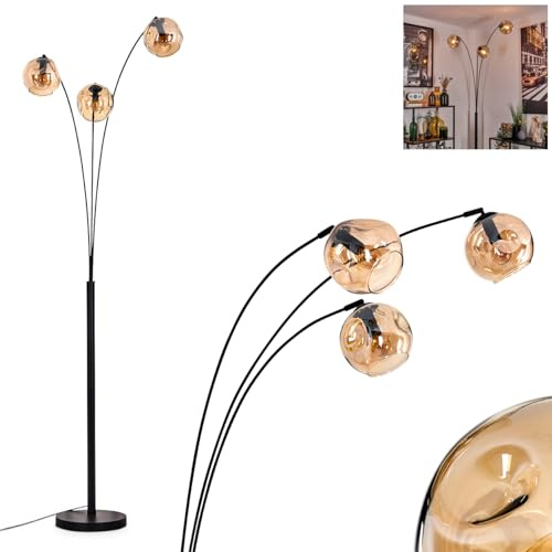 Stehleuchte Ripoll, Stehlampe aus Metall/Glas in Schwarz/Bernsteinfarben, Leuchte im modernen Retro/Vintage-Design mit Schirmen aus Glas (Ø 15cm) u. Fußschalter, Höhe 210cm, 3x E14, ohne Leuchtmittel