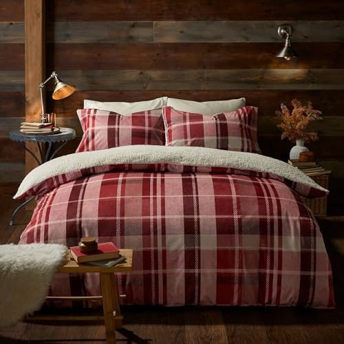 Fusion Housse de Couette à Carreaux Rouges - Lit Simple (140 x 200 cm) - Design réversible - Tartan Bordeaux et Rouge - avec Couette en Polaire