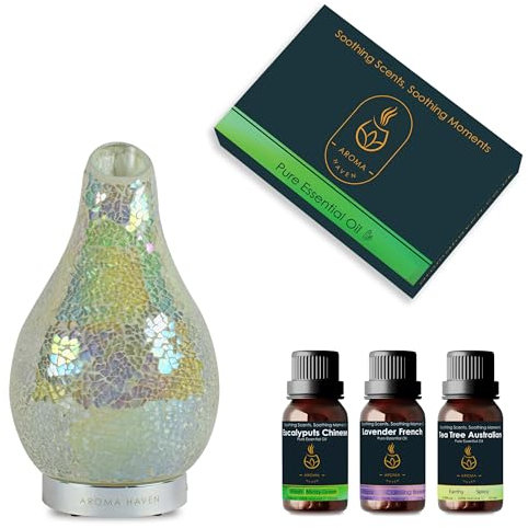 Therapeutic Essential Oil Diffuser Cool Mist Humidifier LED 120ml Mosaic Glass Ultrasonic Scented Oil Mist Diffuser for Aromatherapy in Spa, Office, Water-less Auto Shutoff (Edge Pearl + Oils)