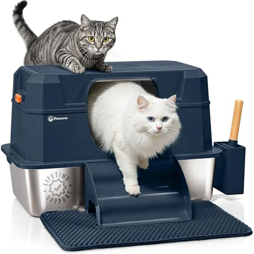 PetCove IronPaws - Lettiera in acciaio inox con coperchio, XL 3 in 1, per gatti interni, include controllo degli odori di carbonio, gradini, tappetino e paletta