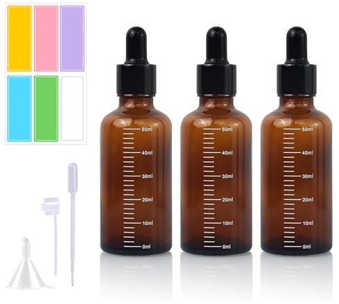 3 Stück Pipettenflasche, 50 ml Braunglasflaschen mit Glas Pipette, Braune Glasflaschen Tropfflasche Apothekerflaschen mit Tropfenpipette, Kleine Braunglas Pipette Bottles für Ätherische Öle Parfüm
