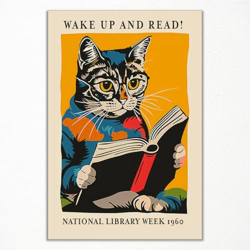 GAINOW Vintage Katze und Buch Poster, Wake Up and Read Inspirierende Wandkunst Leinwand, Retro 1960 National Library Week Wandkunst, Lesekunst für Buchliebhaber Wanddekoration 30x40cm ungerahmt