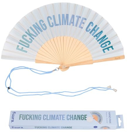 FISURA â€“ Handfächer aus Holz mit der Aufschrift F*cking Climate Changeâ€œ. Trendiges, farbenfrohes Accessoire, blauer Handventilator mit praktischem Aufhänger. MaÃŸe: 42,5 x 23 cm