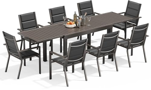 Devoko Gartenmöbel Set 8 Personen,8+1 Aluminium Tisch und Stühle Set Balkonmöbel, 8 Stapelbare Gartenstühle und 1 130/260 cm Dehnbarer Gartentisch,Terassen möbelsets außen Lounge, Braun
