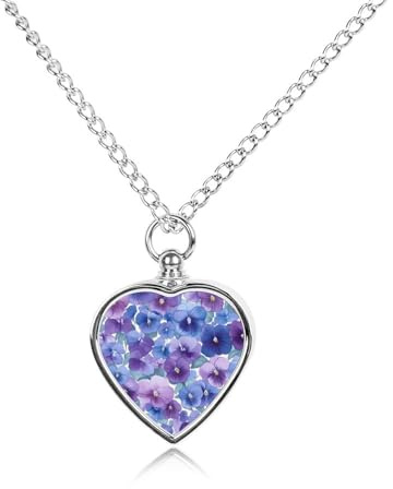 Blue Purple Pansies Heart Urn Necklaces for Ashes Pet Cremation Jewelry Necklace Memorial Pendant