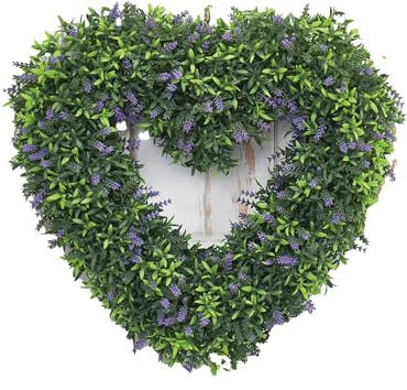 Artificial Lavender Heart Wreath – Heart Shaped Silk Lavender Flower Wreath for All Seasons UV Resistant Indoor Outdoor Front Door Wall Hanging Décor 42x42cm with 30cm Hanging Chain