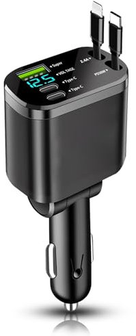 Cargador Coche Carga Rápida 30W+100W Cable, Retráctil Cargador Coche Carga Rápida con 5 Puertos de Carga Adaptador de Encendedor con Interruptor de Voltímetro LED