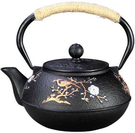 Teekanne aus Gusseisen, SECHUDO Teekanne für Herd, sicher beschichtet mit emaillierter Innenseite, japanischer schöner Teekessel mit Edelstahl-Teesieb für losen Tee (860 ml Pflaumenblüten und