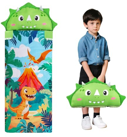 Sac de Couchage Chaud pour Enfants avec Oreiller Amovible, Tapis de Sieste pour Filles et Garçons, Couverture de Sieste avec Double Fermeture Eclair pour Camping Ecole Garderie,150×60cm Dinosaures