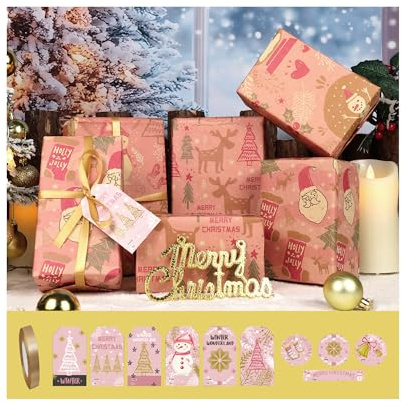 Geschenkpapier Weihnachten, Recyceltes Kraft Geschenkpapier große Blätter mit Band, Weihnachtskarte Anhängern, Weihnachtsgeschenkpapier Grün weihnachten (Rosa)
