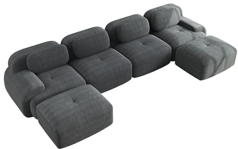 HAINEW Modern 4-sitsig soffa av manchestertyg med 2 ottomaner, U-form, boneless hörnsoffa, soffa, stoppad soffa med böjda armstöd och halkfri undersida, gör-det-själv fri skarvning (grå, 4-sits + 2)