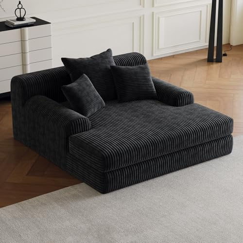 OOFAYJIA Modernes Chaiselongue-Stuhl für drinnen, Cord-Schlafsofa mit 3 Kissen, ohne Montage, Cloud Couch für Schlafzimmer und Wohnzimmer, Schwarz