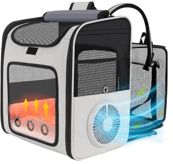BESCHARM Katzenrucksack mit Kühlventilator und Heizkissen für alle Jahreszeiten, erweiterbare Haustiertragetasche mit transparentem Acrylfenster für Katzen und kleine Hunde bis zu 8 kg, Grau