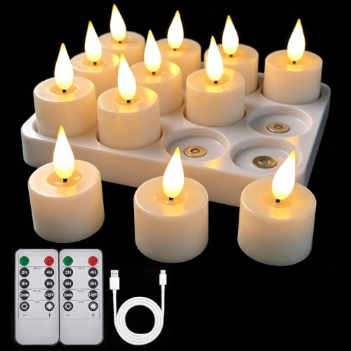 Led teelichter wiederaufladbar mit Timerfunktion Ladestation Aufladbare Led Teelichter Flackernd Kerzen mit Fernbedienung Perfekt für Wohnzimmer Tisch Kürbis Party Halloween Weihnachtsdeko (Weiß)