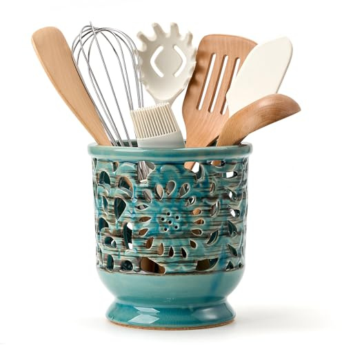 JH JIEMEI HOME Farmhouse Kitchen Utensil Holder for Countertop, Ceramic Large Cooking Utensil Crock with Cork Mat, Hollow Carving Decorative Rustic Utensil Holder for Kitchen Counter, Antique Blue