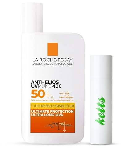 Sunscreen Bundle - La Roche Posay Anthelios UVMune 400 Ultra-Light Invisible Fluid SPF50+ 50ml + Ketts SPF15 Lip Balm | Non-Perfumed Sunscreen for Sensitive Skin | Travel size, Ideal for Holiday