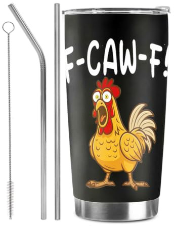 F-Caw-F Funny Chicken Insulated Coffee Cup, 20oz Stainless Steel F Caw F Cup Travel Mug Double-Sided Printed Insulated Tumbler with Straws Brushes and Lid, Funny Gifts Meme Rooster Thermal Fcawf (B)