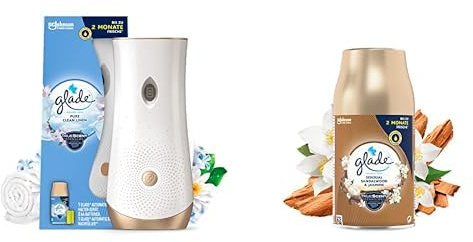 Glade Automatic Spray Lufterfrischer Starter Set inkl. Nachfüller, Geruchsentferner & Duftspray für Zuhause, mit Extra Nachfüller, Pure Clean Linen & Sensual Sandalwood & Jasmine, 2 x 269ml Bundle
