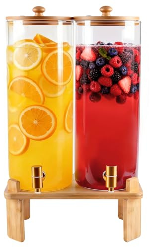 2 Gallon 2 Pack large Glass Drink dispenser for parties,Beverage Dispenser With Wood Stand,Water Dispensers with spigot,lemonade dispenser,juice containers & water pitcher with lid