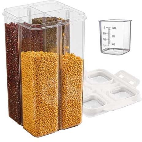 Distributore di riso - Contenitore multifunzionale per alimenti secchi a 4 griglie, supporto per cereali ermetico rimovibile | Contenitore per alimenti freschi con misurino per
