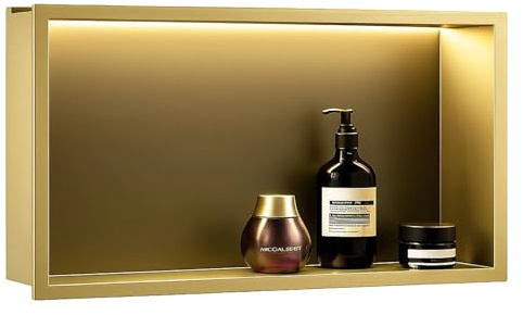 DYRABREST 24x12 Inch LED Shower Niche, IP66 Waterproof Bathroom Recessed Wall Shelf with Built-in 4000K Warm White Light, Stainless Steel Storage Niche for Bathroom, Kitchen, Living Room (Gold)