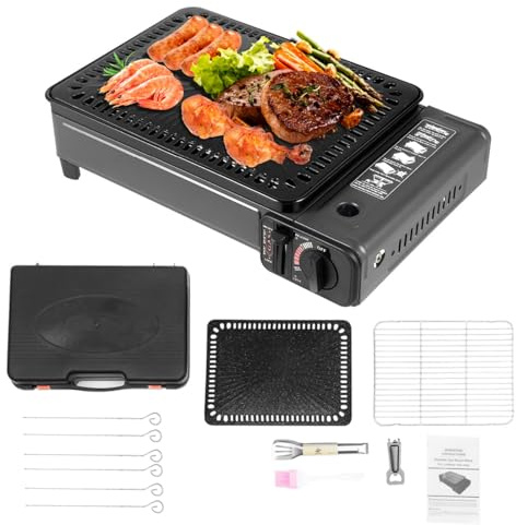 Tragbarer Gasgrill mit Grillrost & Backblech Gasgrill Klein Einstellbarer Flamme Tragbarer Gaskocher Camping Grillset BBQ Set Campingkocher Butan/LPG Anschluss für Garten Balkon Terrasse