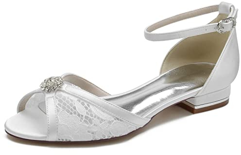 Yhsdfcn Blommig Spets och Satin Ballerinaskor Dam Platta, Peep Toe Brudskor med Ankelrem och Kristallbrosch, Bekväma Pumps för Bröllop med Rhinestone-spänne,White,EU39